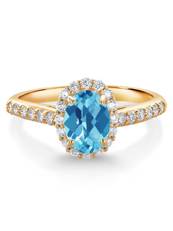 10K Yellow Gold Swiss Blue Topaz and White Lab Grown Diamond Halo Engagement Ring for Women (1.31 Cttw, Gemstone November Birthstone, Oval Checkerboard 7X5MM)