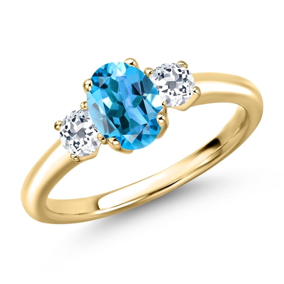 Gem Stone King 10K Yellow Gold Swiss Blue Topaz and White Topaz Engagement Ring for Women | 1.43 Cttw | Oval 7X5MM | Gemstone November Birthstone | Size 7