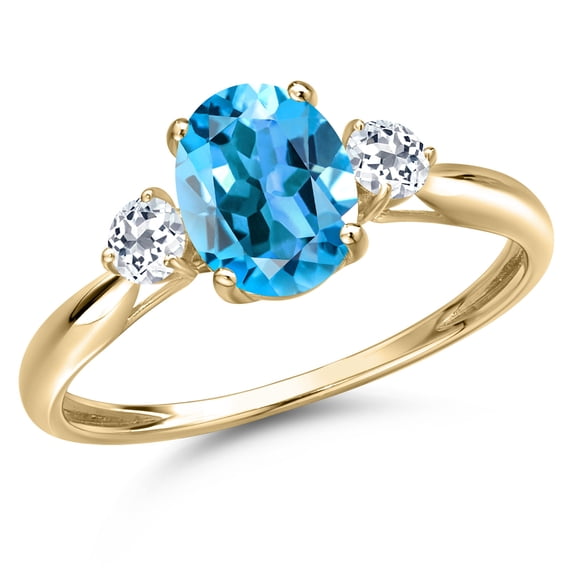 Gem Stone King 10K Yellow Gold Swiss Blue Topaz and White Topaz 3-Stone Ring for Women | 1.78 Cttw | Oval 8X6MM | Gemstone November Birthstone | Size 8