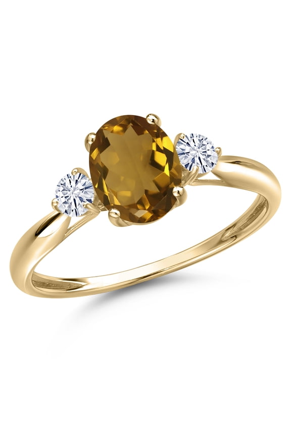 10K Yellow Gold Whiskey Quartz and White Moissanite 3-Stone Ring for Women | 1.20 Cttw | Oval 8X6MM | Gemstone Birthstone | Size 7
