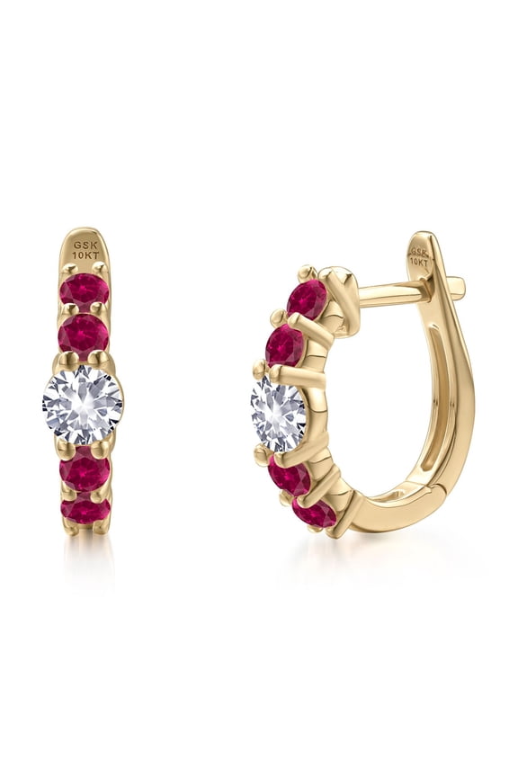10K Yellow Gold White Created Sapphire and Red Created Ruby Hoop Earrings for Women | 0.98 Cttw | Gemstone September Birthstone | Round 4MM