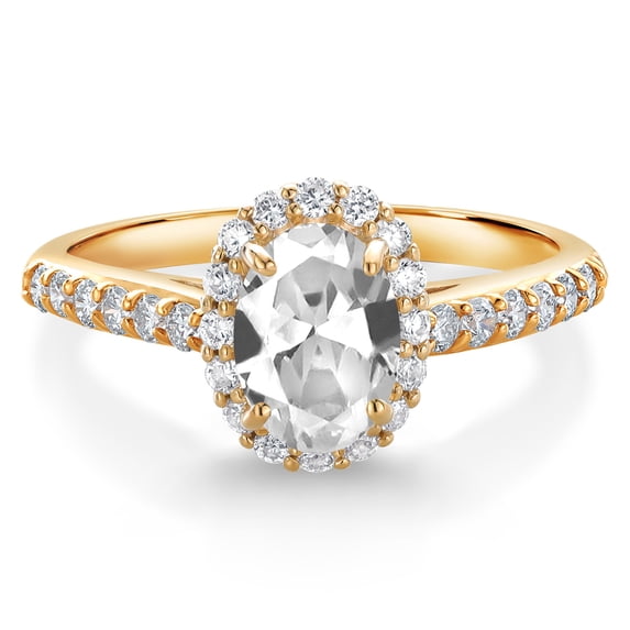Gem Stone King 10K Yellow Gold White Created Sapphire and White Lab Grown Diamond Halo Engagement Ring for Women (1.31 Cttw, Gemstone September Birthstone, Oval 7X5MM)