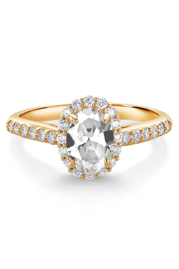 10K Yellow Gold White Created Sapphire and White Lab Grown Diamond Halo Engagement Ring for Women (1.31 Cttw, Gemstone September Birthstone, Oval 7X5MM)