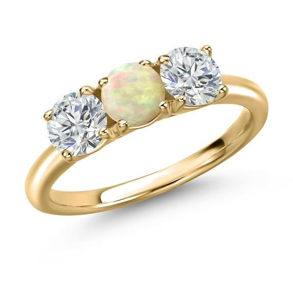 Gem Stone King 10K Yellow Gold White Ethiopian Opal and Lab Grown Diamond Engagement Ring for Women | 1.30 Cttw | Round Cabochon 5MM | Gemstone October Birthstone | Size 6