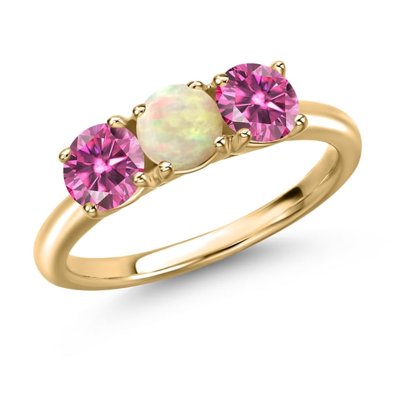 Gem Stone King 10K Yellow Gold White Ethiopian Opal and Pink Moissanite Engagement Ring for Women | 1.30 Cttw | Round Cabochon 5MM | Gemstone October Birthstone | Size 6