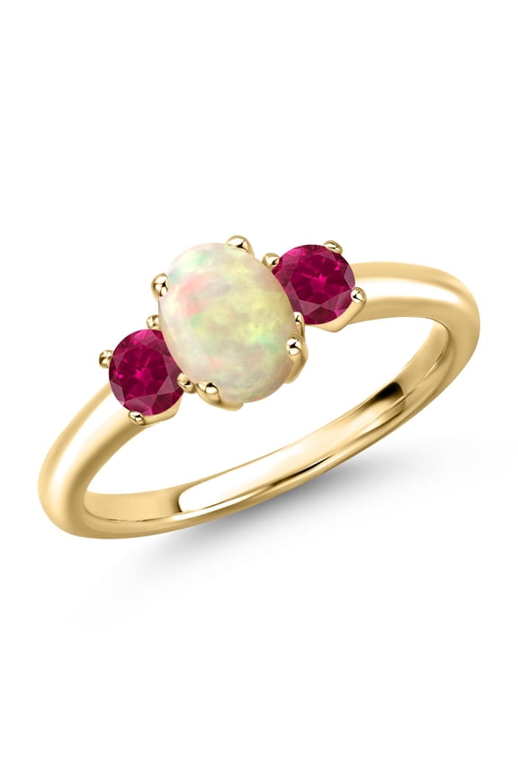 10K Yellow Gold White Ethiopian Opal and Red Created Ruby Engagement Ring for Women | 1.01 Cttw | Oval Cabochon 7X5MM | Gemstone October Birthstone | Size 7