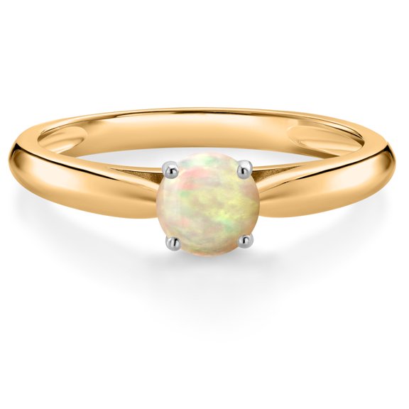 Gem Stone King 10K Yellow Gold White Ethiopian Opal Solitaire Engagement Ring for Women (0.30 Cttw, Round Cabochon 5MM, Gemstone February Birthstone, Available in Size 5, 6, 7, 8, 9)