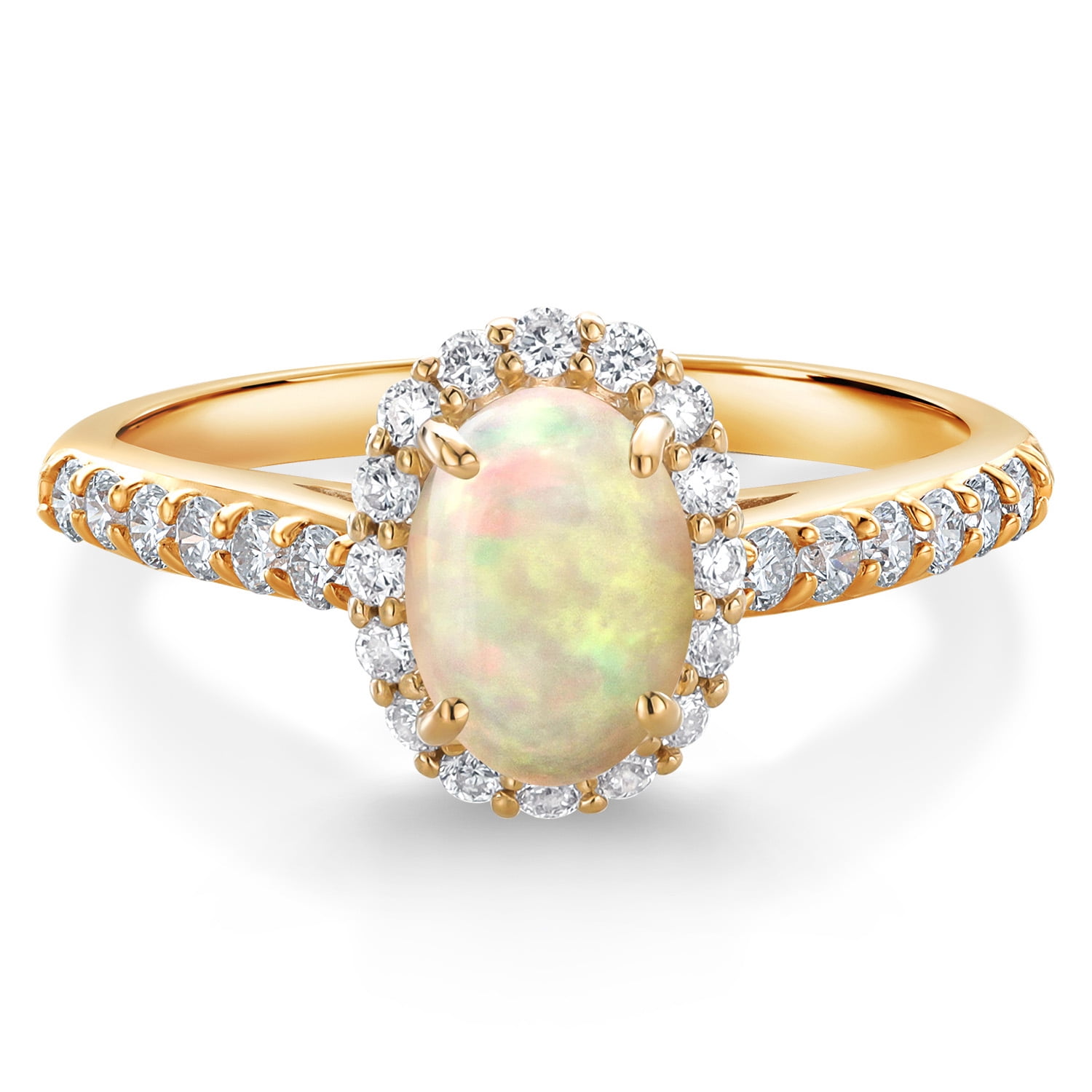 Gem Stone King 10K Yellow Gold White Ethiopian Opal and White Lab Grown Diamond Halo Engagement Ring for Women (0.82 Cttw, Gemstone, Oval Cabochon 7X5MM)
