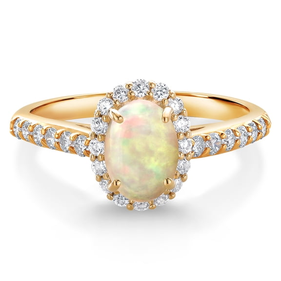 Gem Stone King 10K Yellow Gold White Ethiopian Opal and White Lab Grown Diamond Halo Engagement Ring for Women (0.82 Cttw, Gemstone, Oval Cabochon 7X5MM)