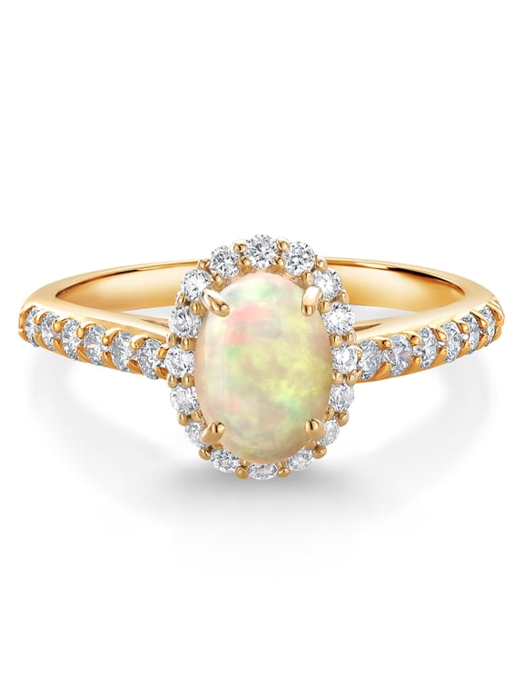 10K Yellow Gold White Ethiopian Opal and White Lab Grown Diamond Halo Engagement Ring for Women (0.82 Cttw, Gemstone, Oval Cabochon 7X5MM)