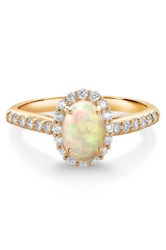 10K Yellow Gold White Ethiopian Opal and White Lab Grown Diamond Halo Engagement Ring for Women (0.82 Cttw, Gemstone, Oval Cabochon 7X5MM)