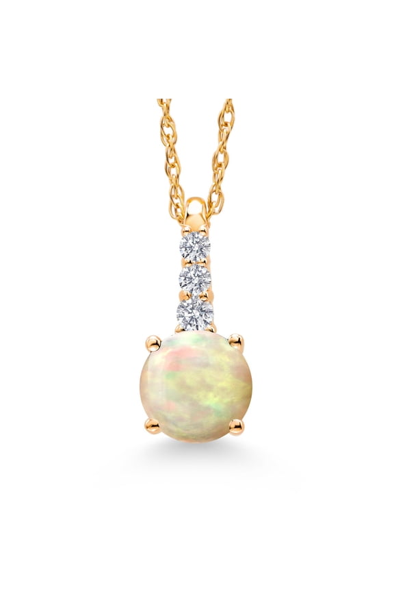 10K Yellow Gold White Ethiopian Opal and White Lab Grown Diamond Pendant Necklace for Women (0.35 Cttw, Round Cabochon 5MM, Gemstone, with 18 inch Chain)
