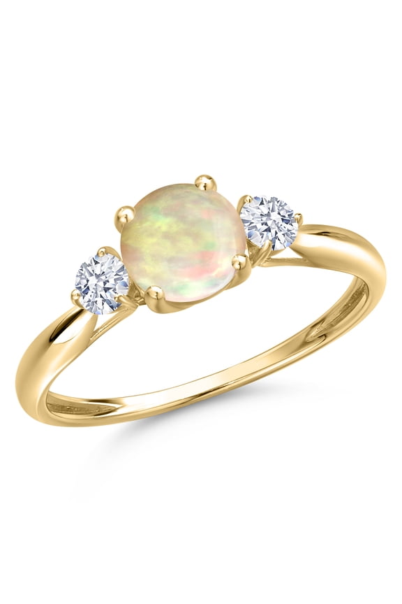 10K Yellow Gold White Ethiopian Opal and White Zirconia 3-Stone Ring for Women | 0.78 Cttw | Round Cabochon 6MM | Gemstone October Birthstone | Size 8