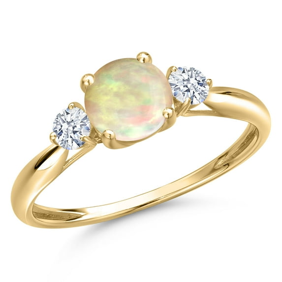 Gem Stone King 10K Yellow Gold White Ethiopian Opal and White Zirconia 3-Stone Ring for Women | 0.78 Cttw | Round Cabochon 6MM | Gemstone October Birthstone | Size 7