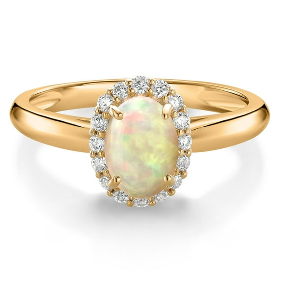 Gem Stone King 10K Yellow Gold White Ethiopian Opal and Lab Grown Diamond Halo Engagement Ring for Women (0.64 Cttw, Gemstone, Oval Cabochon 7X5MM, Size 7)