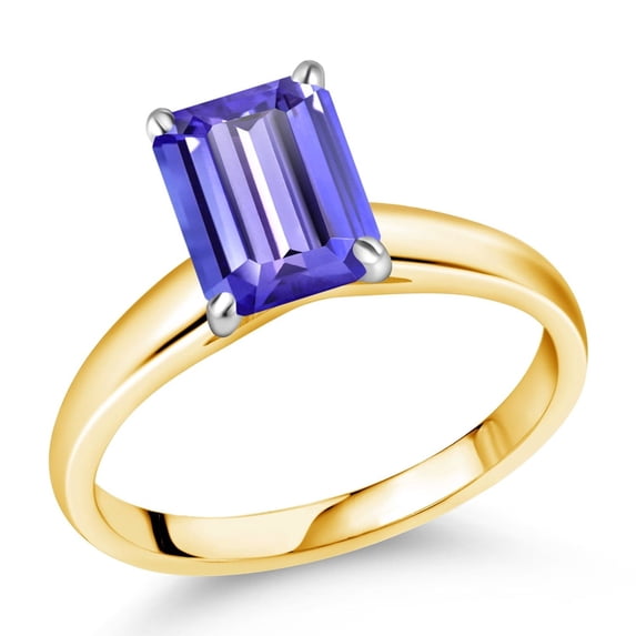 Gem Stone King 10K Yellow Gold with White Gold Prongs Blue Tanzanite Engagement Ring | 2.30 Cttw | Emerald Cut 9X7MM | Wedding Solitaire Anniversary Promise Gold Ring for Women