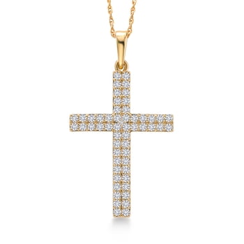 Gem Stone King 10K Yellow Gold White Lab Grown Diamond 2 Line Cross Crucifix Pendant Necklace for Women | 0.44 Cttw | G-H Color | 55 Diamonds | 1 inch | With 18 inch Chain