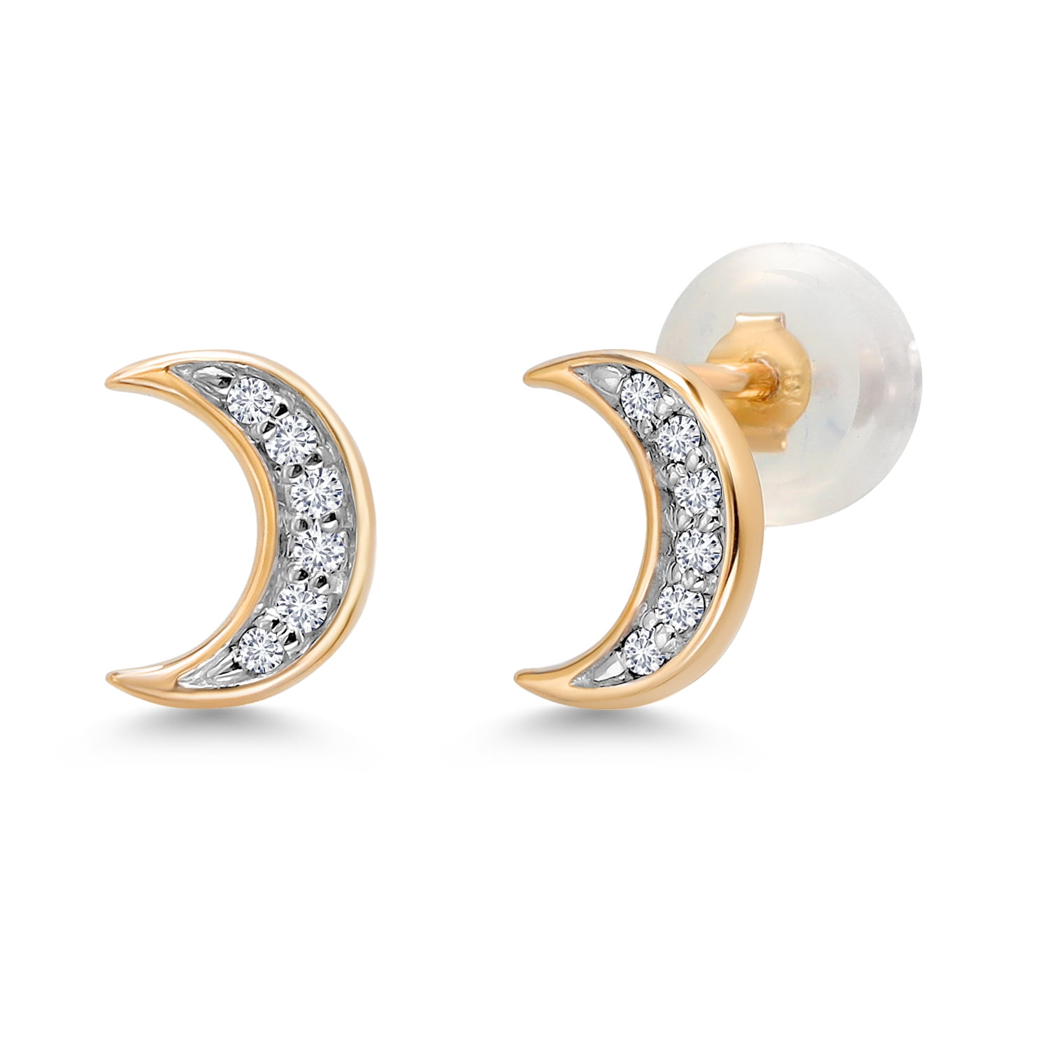 Gem Stone King 10K Yellow Gold White Lab Grown Diamond Crescent Half Moon Stud Earrings | Gold Earrings for Women Men