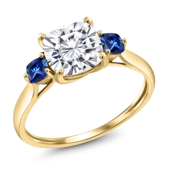 Gem Stone King 10K Yellow Gold White Moissanite and Blue Created Sapphire Engagement Ring for Women | 1.96 Cttw | Cushion 7MM | Gemstone Birthstone | Size 5