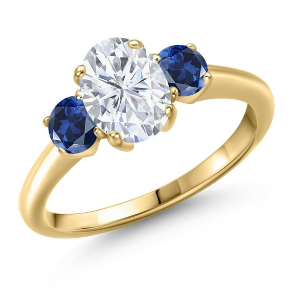 Gem Stone King 10K Yellow Gold White Moissanite and Blue Created Sapphire Engagement Ring for Women | 2.00 Cttw | Oval 8X6MM | Gemstone Birthstone | Size 8