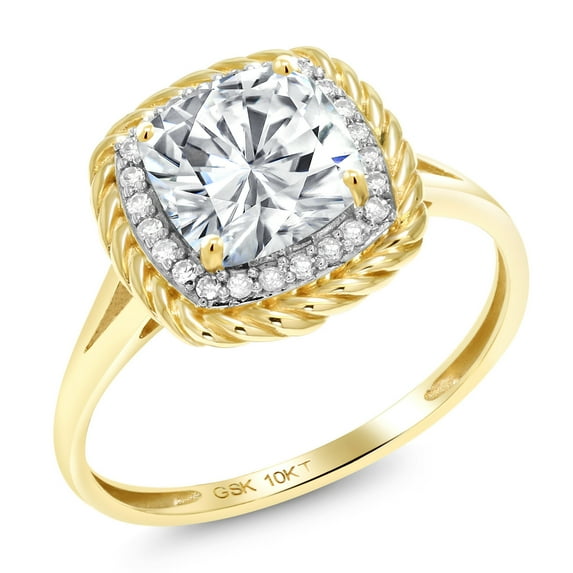 Gem Stone King 10K Yellow Gold White Moissanite and Diamond Engagement Ring for Women (1.87 Cttw, Cushion 7MM, Gemstone Birthstone, Size 5)