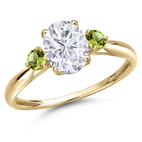 Gem Stone King 10K Yellow Gold White Moissanite and Green Peridot 3-Stone Ring for Women | 1.74 Cttw | Oval 8X6MM | Gemstone Birthstone | Size 7