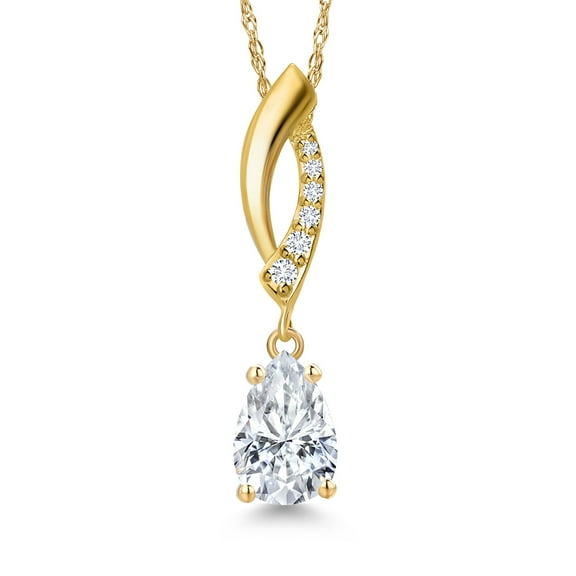Gem Stone King 10K Yellow Gold White Moissanite and Lab Grown Diamond Pendant Necklace for Women | 1.03 Cttw | Gemstone Birthstone | Pear Shape 8X5MM | With 18 inch Chain