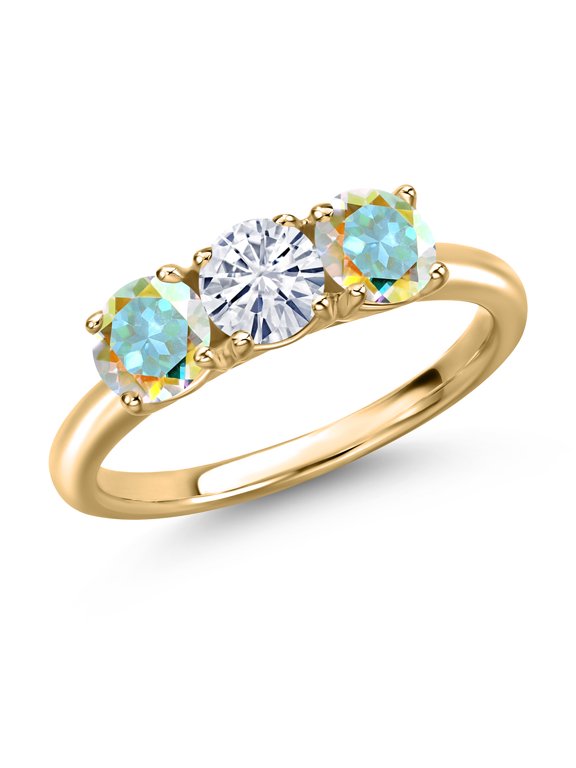 10K Yellow Gold White Moissanite and Mercury Mist Mystic Topaz Engagement Ring for Women | 1.60 Cttw | Round 5MM | Gemstone Birthstone | Size 6