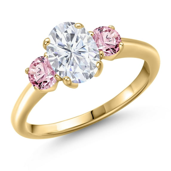 Gem Stone King 10K Yellow Gold White Moissanite and Pink Lab Grown Diamond Engagement Ring for Women | 2.00 Cttw | Oval 8X6MM | Gemstone Birthstone | Size 9