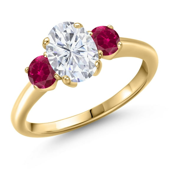 Gem Stone King 10K Yellow Gold White Moissanite and Red Created Ruby Engagement Ring for Women | 2.00 Cttw | Oval 8X6MM | Gemstone Birthstone | Size 9