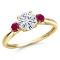 thumbnail image 1 of Gem Stone King 10K Yellow Gold White Moissanite and Red Created Ruby 3-Stone Ring for Women | 1.08 Cttw | Round 6MM | Gemstone Birthstone | Size 6, 1 of 6