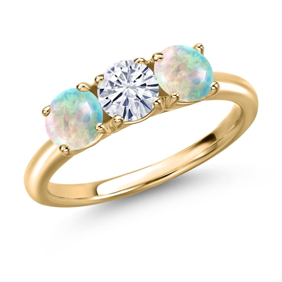 Gem Stone King 10K Yellow Gold White Moissanite and Simulated White Opal Engagement Ring for Women | 1.50 Cttw | Round 5MM | Gemstone Birthstone | Size 9