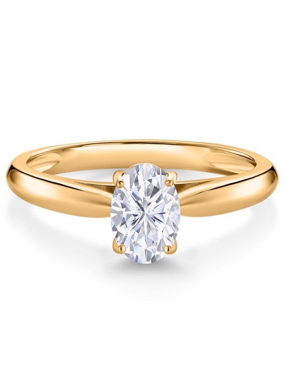 10K Yellow Gold White Moissanite Solitaire Engagement Ring for Women (0.90 Cttw, Oval 7X5MM, Gemstone Birthstone, Available in Size 5, 6, 7, 8, 9)