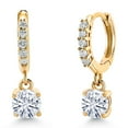 thumbnail image 1 of Gem Stone King 10K Yellow Gold White Moissanite and White Lab Grown Diamond Dangle Drop Huggie Hoop Earrings for Women (0.56 Cttw, Gemstone, Round 4MM), 1 of 4