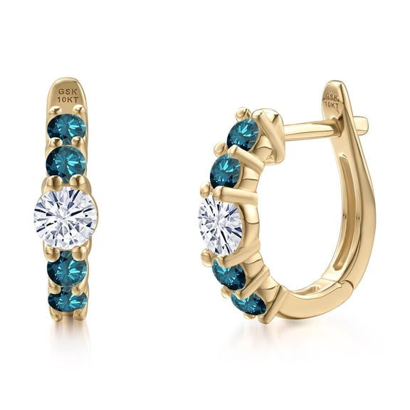 Gem Stone King 10K Yellow Gold White Moissanite and Blue Diamond Hoop Earrings for Women | 0.98 Cttw | Gemstone Birthstone | Round 4MM
