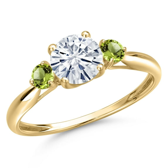 Gem Stone King 10K Yellow Gold White Moissanite and Green Peridot 3-Stone Ring for Women | 1.04 Cttw | Round 6MM | Gemstone Birthstone | Size 9