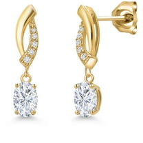 Gem Stone King 10K Yellow Gold White Moissanite and Lab Grown Diamond Stud Dangle Earrings for Women | 1.05 Cttw | Gemstone Birthstone | Oval 6X4MM