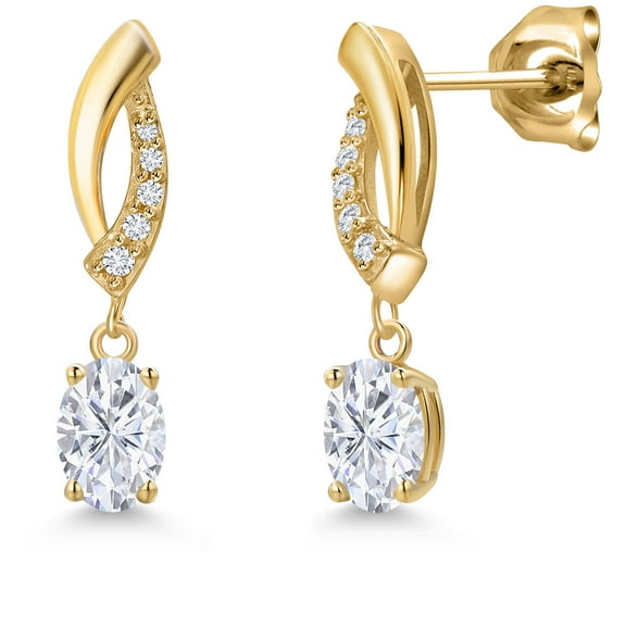 Gem Stone King 10K Yellow Gold White Moissanite and Lab Grown Diamond Stud Dangle Earrings for Women | 1.05 Cttw | Gemstone Birthstone | Oval 6X4MM