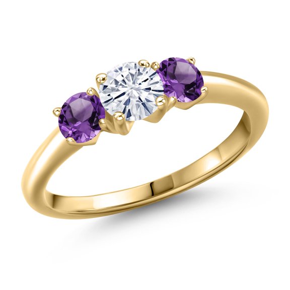 Gem Stone King 10K Yellow Gold White Moissanite and Purple Amethyst Engagement Ring for Women | 1.00 Cttw | Round 5MM | Gemstone Birthstone | Size 5