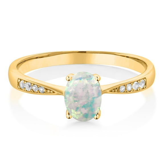 Gem Stone King 10K Yellow Gold White Opal and White Diamond Engagement Ring for Women (1.06 Cttw, Gemstone October Birthstone, Oval Cabochon 7X5MM, Available in Size 5, 6, 7, 8, 9)