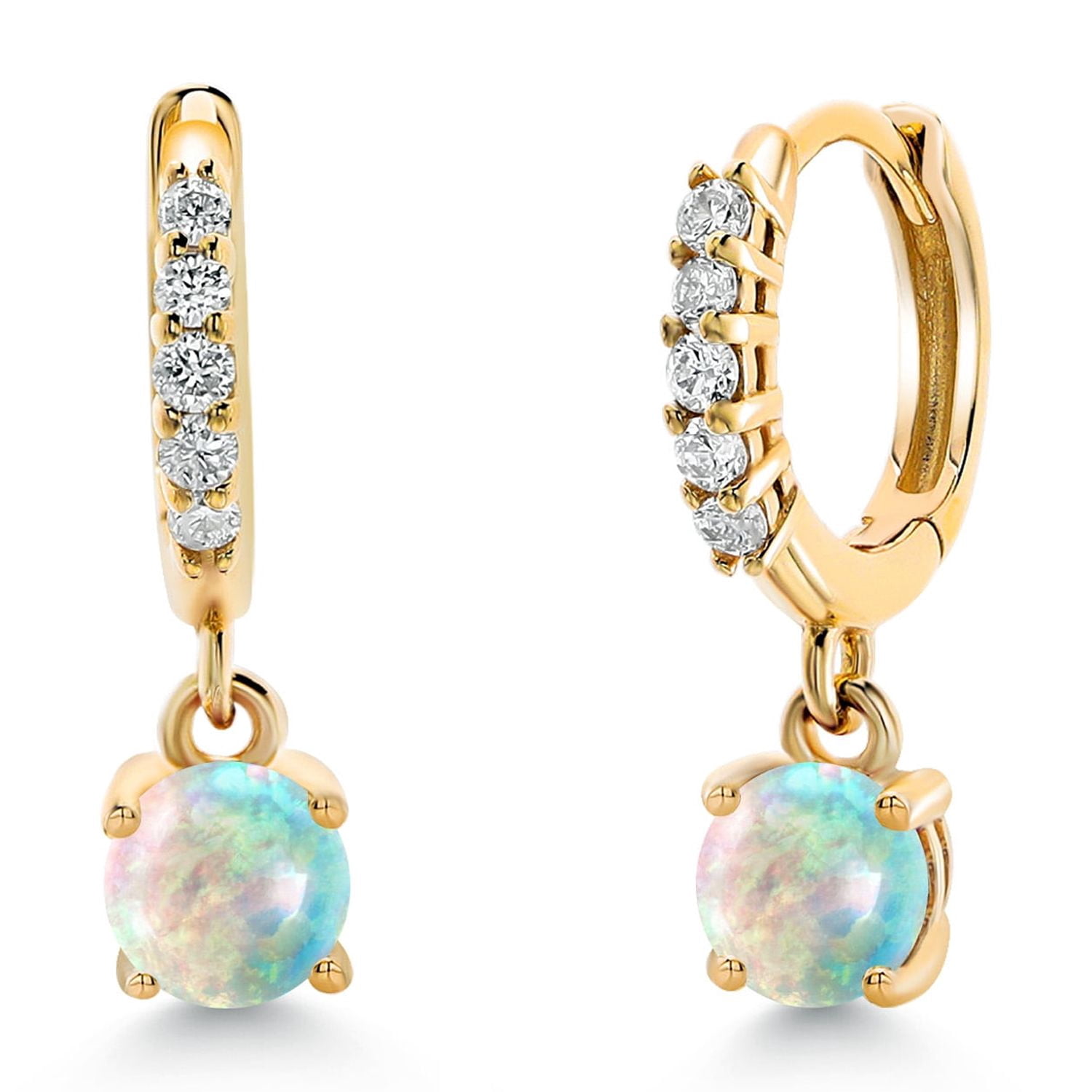 Gem Stone King 10K Yellow Gold White Simulated Opal and White Lab Grown Diamond Dangle Drop Huggie Hoop Earrings for Women (0.60 Cttw, Gemstone October Birthstone, Round Cabochon 4MM)