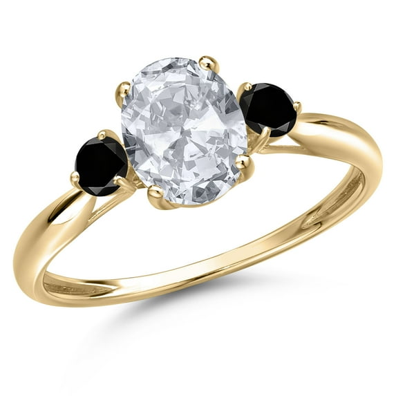 Gem Stone King 10K Yellow Gold White Topaz and Black Diamond 3-Stone Ring for Women | 1.70 Cttw | Oval 8X6MM | Gemstone November Birthstone | Size 5
