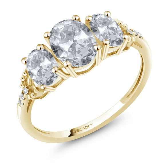 Gem Stone King 10K Yellow Gold White Topaz and Diamond 3-Stone Engagement Ring for Women |2.22 Cttw | Gemstone Birthstone | Oval 7X5MM and 6X4MM (Size 8)