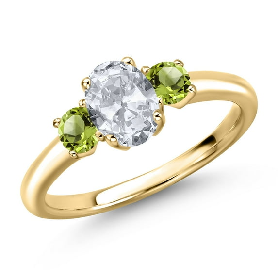 Gem Stone King 10K Yellow Gold White Topaz and Green Peridot Engagement Ring for Women | 1.41 Cttw | Oval 7X5MM | Gemstone November Birthstone | Size 6