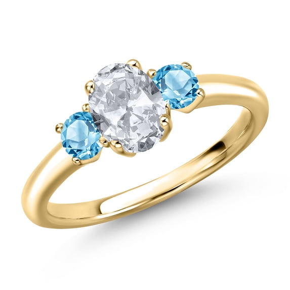 Gem Stone King 10K Yellow Gold White Topaz and Swiss Blue Topaz Engagement Ring for Women | 1.40 Cttw | Oval 7X5MM | Gemstone November Birthstone | Size 6