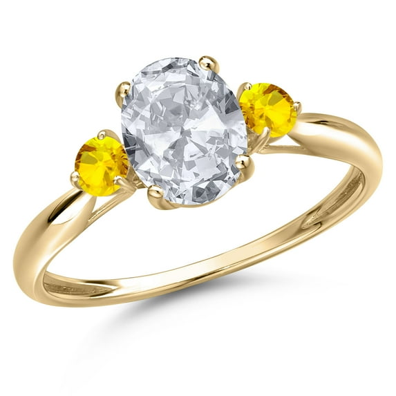 Gem Stone King 10K Yellow Gold White Topaz and Yellow Sapphire 3-Stone Ring for Women | 1.77 Cttw | Oval 8X6MM | Gemstone November Birthstone | Size 8