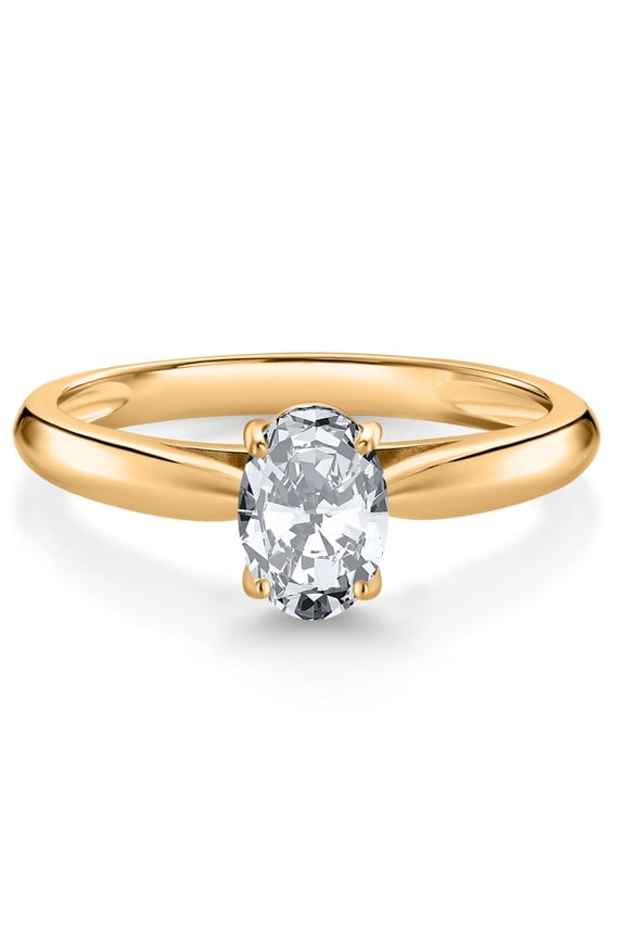 10K Yellow Gold White Zirconia Solitaire Engagement Ring for Women (1.50 Cttw, Oval 7X5MM, Gemstone Birthstone, Size 7)