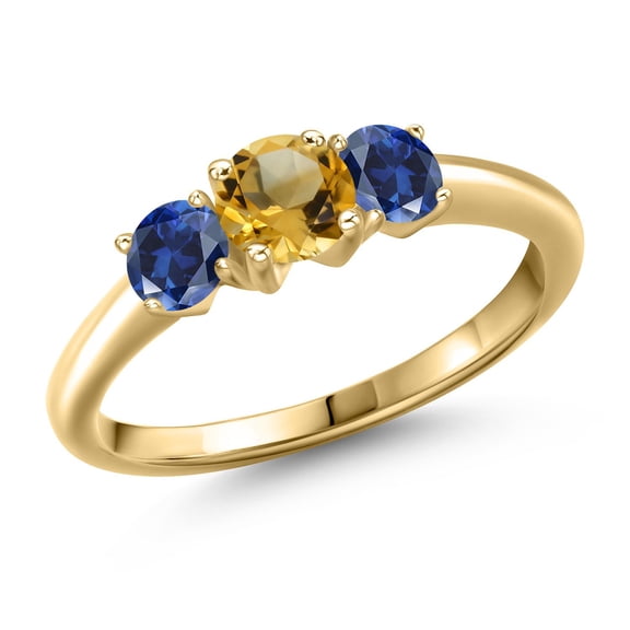 Gem Stone King 10K Yellow Gold Yellow Citrine and Blue Created Sapphire Engagement Ring for Women | 0.95 Cttw | Round 5MM | Gemstone November Birthstone | Size 7