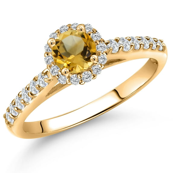 Gem Stone King 10K Yellow Gold Yellow Citrine and Lab Grown Diamond Engagement Ring for Women | 0.74 Cttw | Round 5MM | Gemstone November Birthstone | Size 6