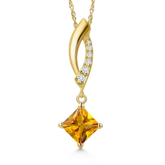 Gem Stone King 10K Yellow Gold Yellow Citrine and Lab Grown Diamond Pendant Necklace for Women | 0.63 Cttw | Gemstone November Birthstone | Princess 5MM | With 18 inch Chain